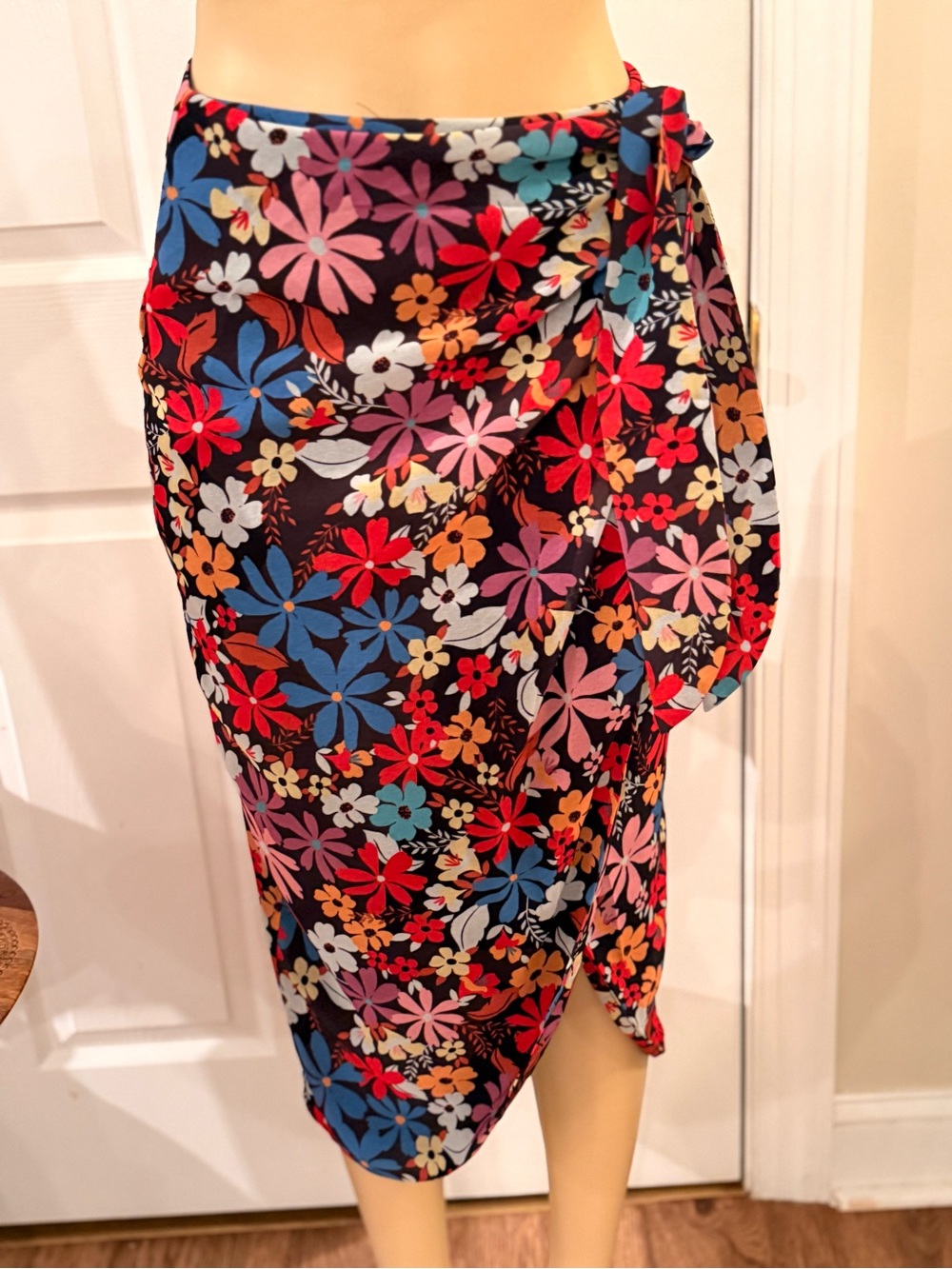 House of Harlow 1960 Floral Tie-Wrap Skirt in Black with Red, Blue & Pink